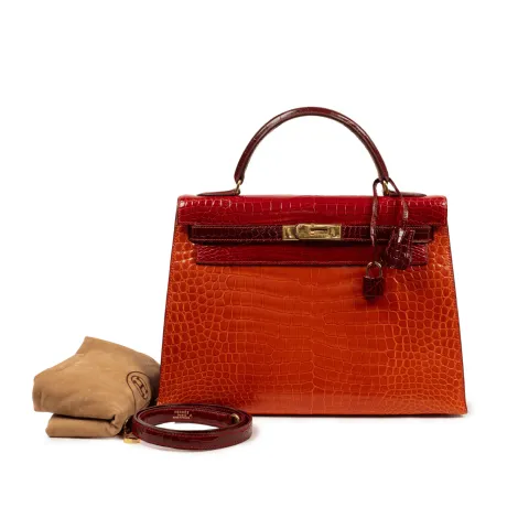 EVERYDAY BAGS Preowned Kelly Sellier 32 cm Three Colors Porosus Shiny Crocodile Braisse/Bordeaux/Orange 7 ~item/2024/10/1/6_1